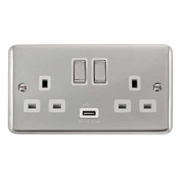 Click DPCH570WH Deco Plus Polished Chrome Ingot 2 Gang 13A 1x USB-A 2.1A Switched Socket - White Insert