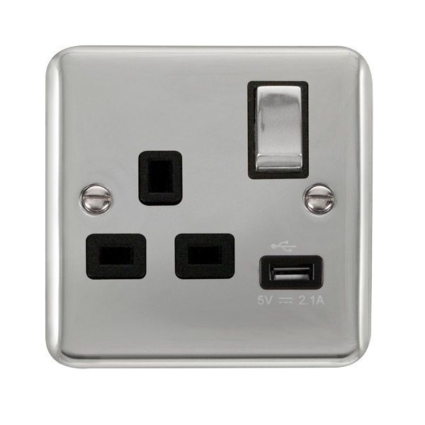 Watch a video of the Click DPCH571BK Deco Plus Polished Chrome Ingot 1 Gang 13A 1x USB-A 2.1A Switched Socket - Black Insert