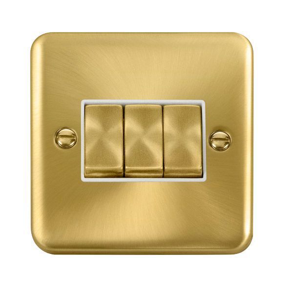 Watch a video of the Click DPSB413WH Deco Plus Satin Brass Ingot 3 Gang 10AX 2 Way Plate Switch - White Insert