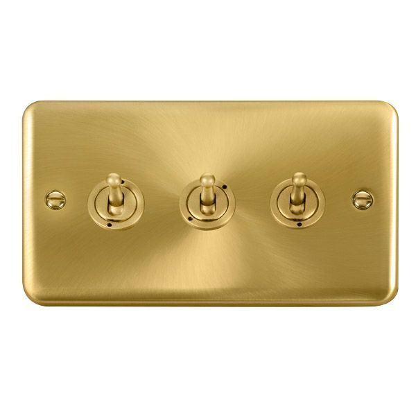 Watch a video of the Click DPSB423 Deco Plus Satin Brass 3 Gang 10AX 2 Way Dolly Toggle Switch