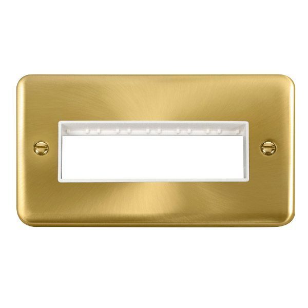 Click DPSB426WH MiniGrid Satin Brass 2 Gang 6 In-Line Aperture Deco Plus Unfurnished Front Plate - White Insert