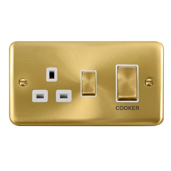 Click DPSB504WH Deco Plus Satin Brass Ingot 1 Gang 45A 2 Pole Cooker Switch 13A Switched Socket - White Insert