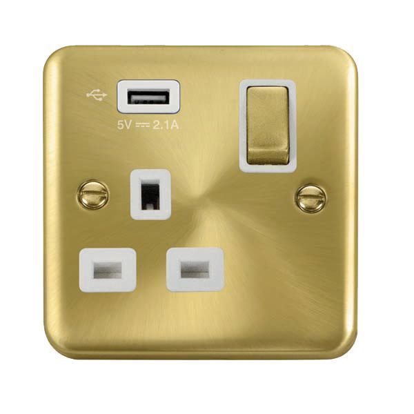 Watch a video of the Click DPSB571UWH Deco Plus Satin Brass Ingot 1 Gang 13A 1x USB-A 2.1A Switched Socket - White Insert