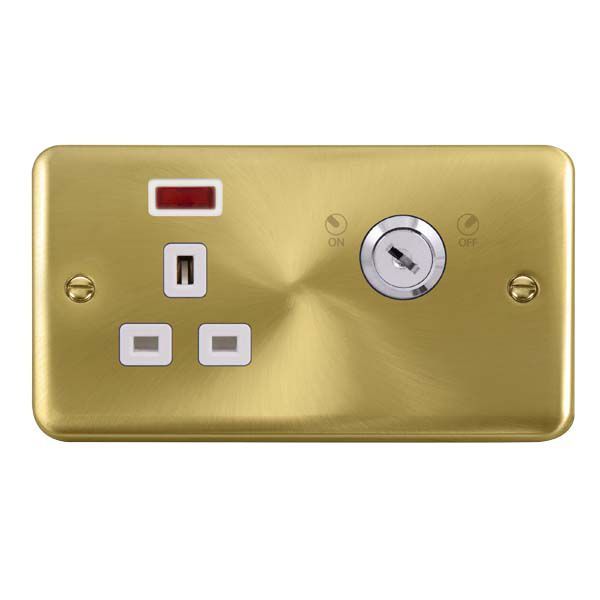 Watch a video of the Click DPSB655WH Deco Plus Satin Brass Ingot 1 Gang 13A Double Plate Neon Lockable Socket - White Insert