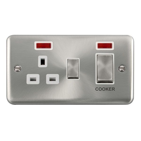 Click DPSC505WH Deco Plus Satin Chrome Ingot 1 Gang 45A 2 Pole Cooker Switch 13A Neon Switched Socket - White Insert