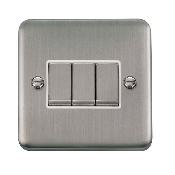 Click DPSS413WH Deco Plus Stainless Steel Ingot 3 Gang 10AX 2 Way Plate Switch - White Insert