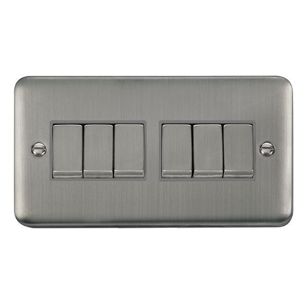 Click DPSS416GY Deco Plus Stainless Steel Ingot 6 Gang 10AX 2 Way Plate Switch - Grey Insert