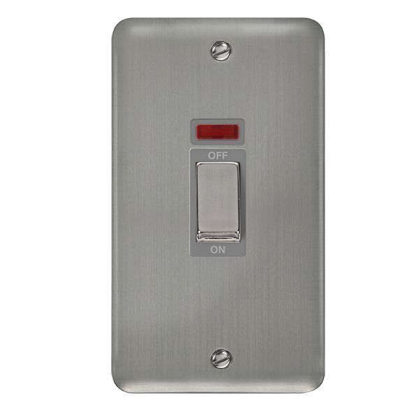 Click DPSS503GY Deco Plus Stainless Steel Ingot 1 Gang Double Plate 45A 2 Pole Neon Cooker Switch - Grey Insert