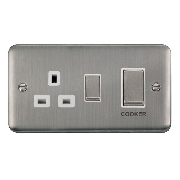 Click DPSS504WH Deco Plus Stainless Steel Ingot 1 Gang 45A 2 Pole Cooker Switch 13A Switched Socket - White Insert