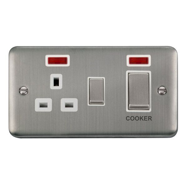 Click DPSS505WH Deco Plus Stainless Steel Ingot 1 Gang 45A 2 Pole Cooker Switch 13A Neon Switched Socket - White Insert