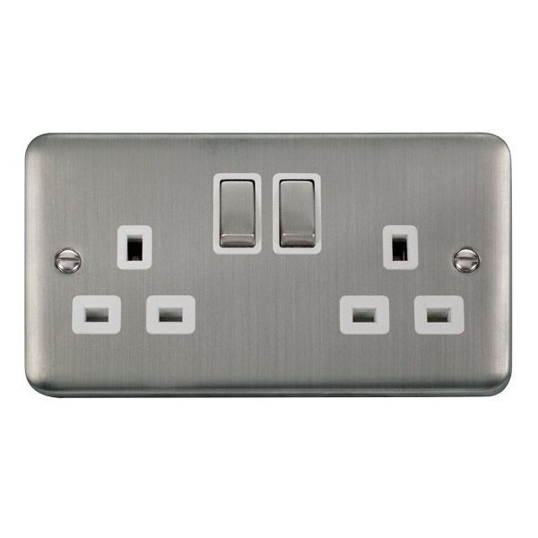 Click DPSS536WH Deco Plus Stainless Steel Ingot 2 Gang 13A 2 Pole Switched Socket - White Insert