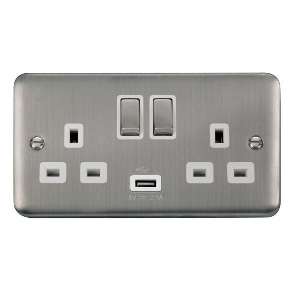 Click DPSS570WH Deco Plus Stainless Steel Ingot 2 Gang 13A 1x USB-A 2.1A Switched Socket - White Insert