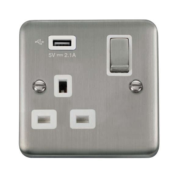 Click DPSS571UWH Deco Plus Stainless Steel Ingot 1 Gang 13A 1x USB-A 2.1A Switched Socket - White Insert