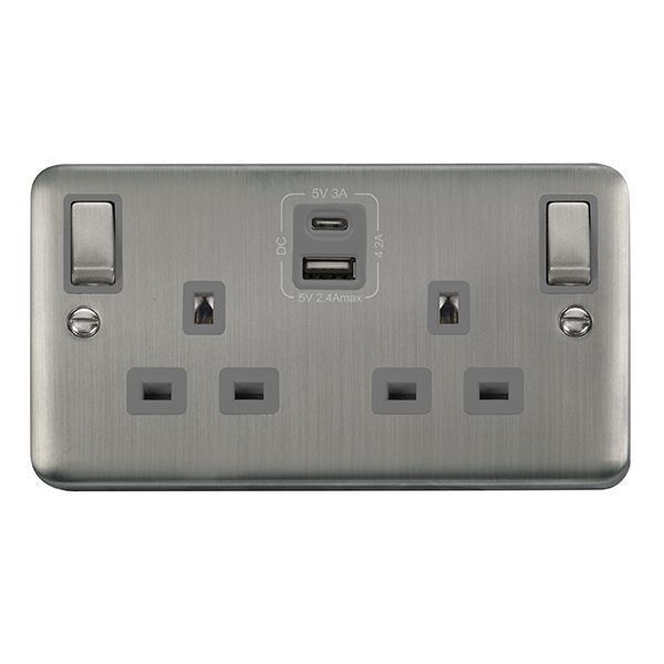 Click DPSS586GY Deco Plus Stainless Steel Ingot 2 Gang 13A 1x USB-A 1x USB-C 4.2A Switched Socket - Grey Insert