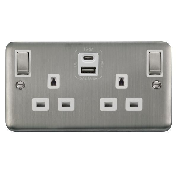 Click DPSS586WH Deco Plus Stainless Steel Ingot 2 Gang 13A 1x USB-A 1x USB-C 4.2A Switched Socket - White Insert