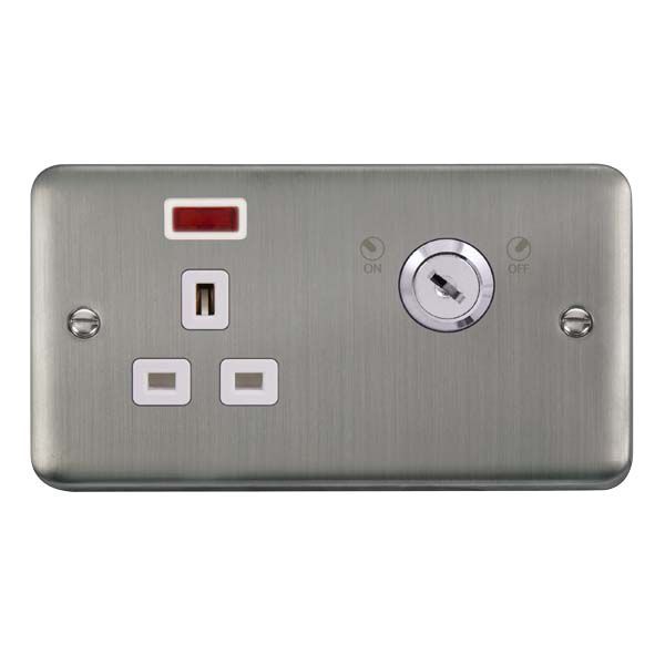 Click DPSS655WH Deco Plus Stainless Steel Ingot 1 Gang 13A Double Plate Neon Lockable Socket - White Insert
