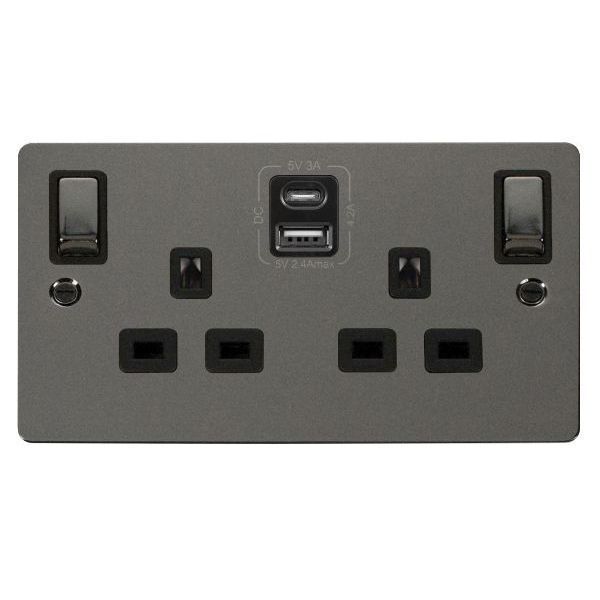 Click FPBN586BK Define Black Nickel Ingot 2 Gang 13A 1x USB-A 1x USB-C 4.2A Switched Safety Shutter Socket Outlet - Black Insert