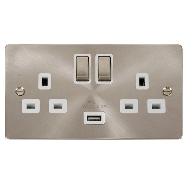 Click FPBS570WH Define Brushed Steel Ingot 2 Gang 13A 1x USB-A 2.1A Switched Socket Outlet - White Insert