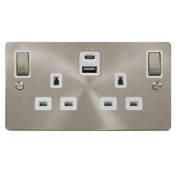Click FPBS586WH Define Brushed Steel Ingot 2 Gang 13A 1x USB-A 1x UBS-C 4.2A Switched Safety Shutter Socket Outlet - White Insert
