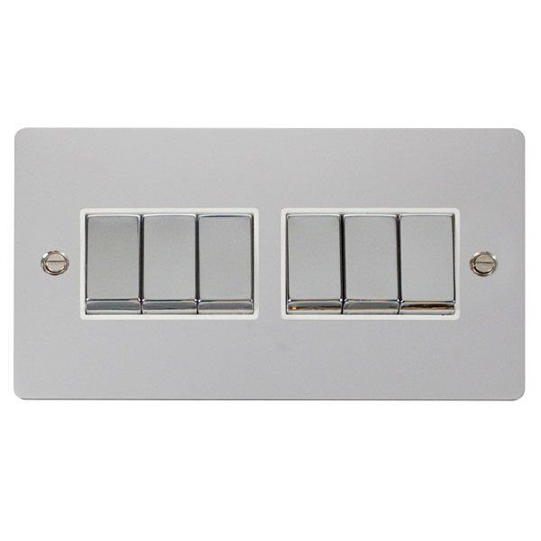 Click FPCH416WH Define Polished Chrome 10AX Ingot 6 Gang 2 Way Plate Switch - White Insert