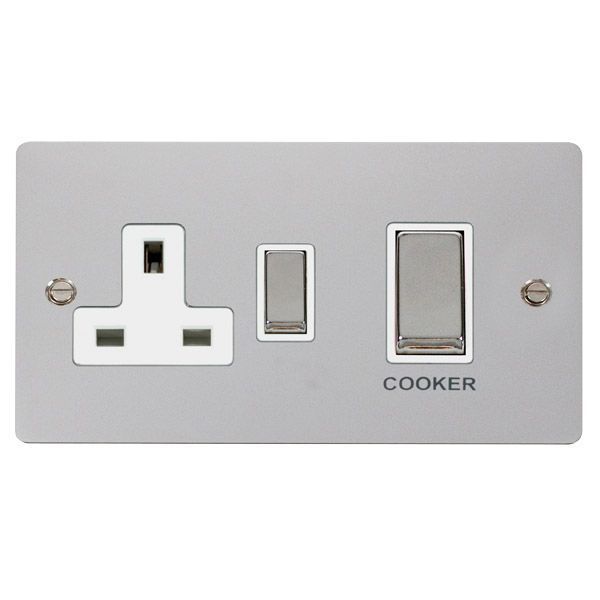 Click FPCH504WH Define Polished Chrome Ingot 45A 2 Gang 2 Pole Switch with 13A 2 Pole Switched Socket Outlet - White Insert