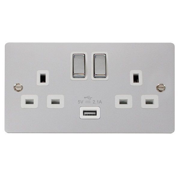 Click FPCH570WH Define Polished Chrome Ingot 2 Gang 13A 1x USB-A 2.1A Switched Socket Outlet - White Insert