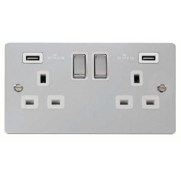 Click FPCH580WH Define Polished Chrome Ingot 2 Gang 13A 2x USB-A 4.2A Switched Socket Outlet - White Insert