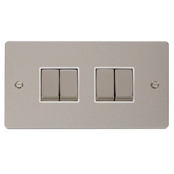 Click FPPN414WH Define Pearl Nickel Ingot 4 Gang 10AX 2 Way Plate Switch - White Insert