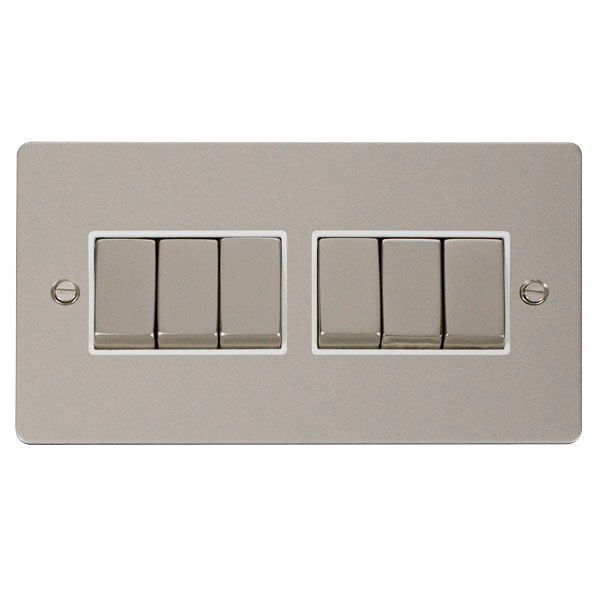 Click FPPN416WH Define Pearl Nickel Ingot 6 Gang 10AX 2 Way Plate Switch - White Insert