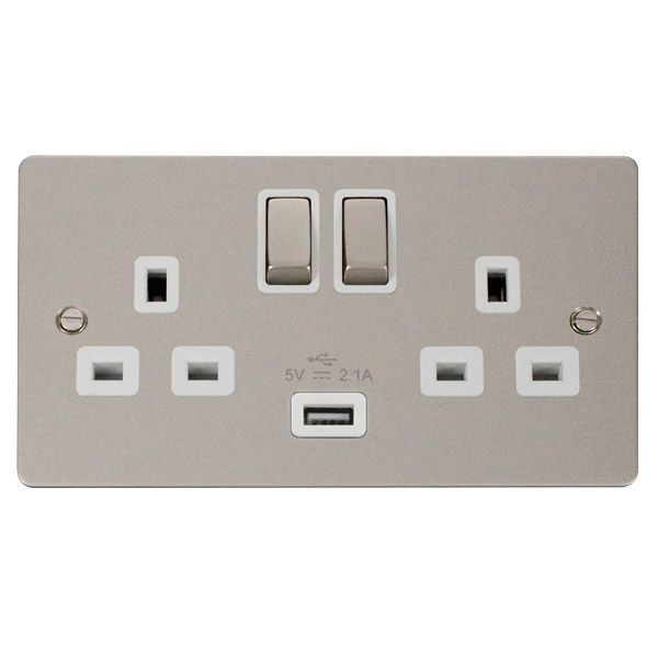 Click FPPN570WH Define Pearl Nickel Ingot 2 Gang 13A 1x USB-A 2.1A Switched Socket Outlet - White Insert