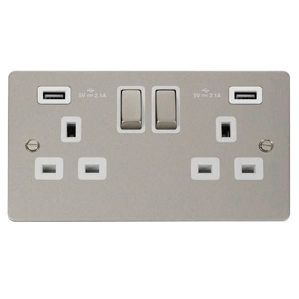 Click FPPN580WH Define Pearl Nickel Ingot 2 Gang 13A 2x USB-A 4.2A Switched Socket Outlet - White Insert