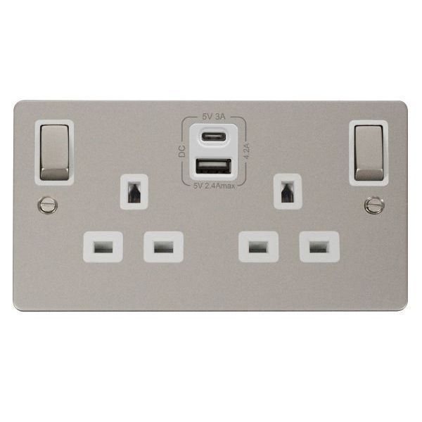 Click FPPN586WH Define Pearl Nickel Ingot 2 Gang 13A 1x USB-A 1x UBS-C 4.2A Switched Safety Shutter Socket Outlet - White Insert