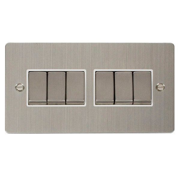 Click FPSS416WH Define Stainless Steel Ingot 6 Gang 10AX 2 Way Plate Switch - White Insert