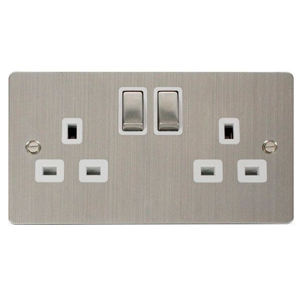 Click FPSS536WH Define Stainless Steel Ingot 13A 2 Gang 2 Pole Switched Socket Outlet - White Insert