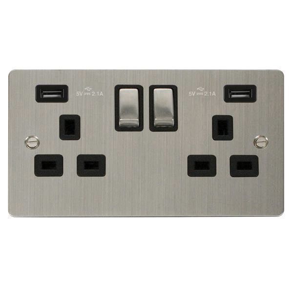 Click FPSS580BK Define Stainless Steel Ingot 2 Gang 13A 2x USB-A 4.2A Switched Socket Outlet - Black Insert