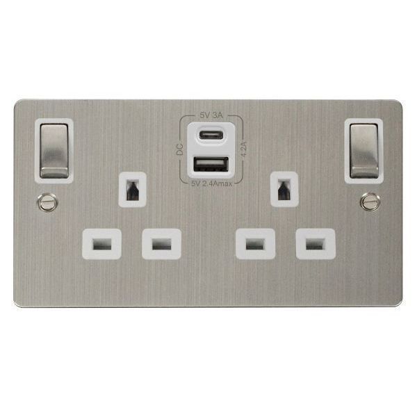 Click FPSS586WH Define Stainless Steel Ingot 2 Gang 13A 1x USB-A 1x USB-C 4.2A Switched Safety Shutter Socket Outlet - White Insert