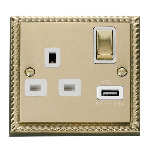 Click GCBR571WH Deco Georgian Style Ingot 1 Gang 13A 1x USB-A 2.1A Switched Socket - White Insert