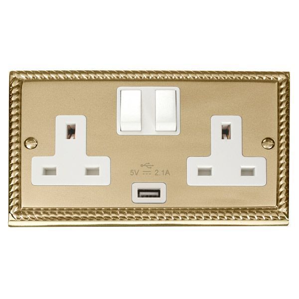 Click GCBR770WH Deco Georgian Style 2 Gang 13A 1x USB-A 2.1A Switched Socket - White Insert