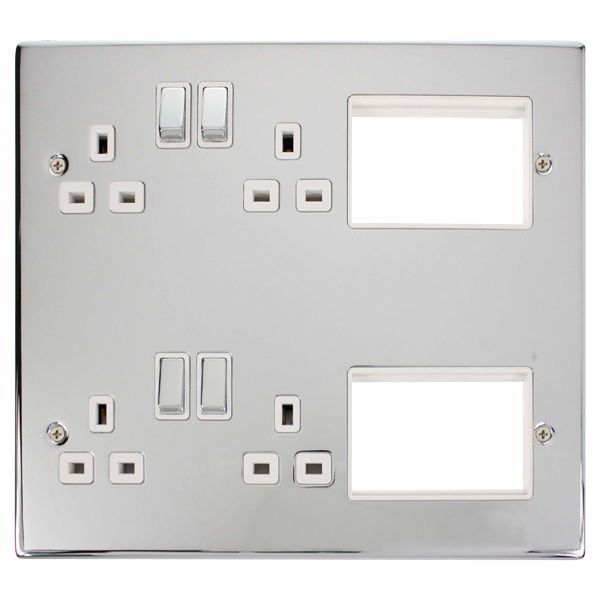 Click MP606CHWH New Media Polished Chrome 6 Aperture 2x 2 Gang 13A 2 Pole Socket Combination Plate - White Insert