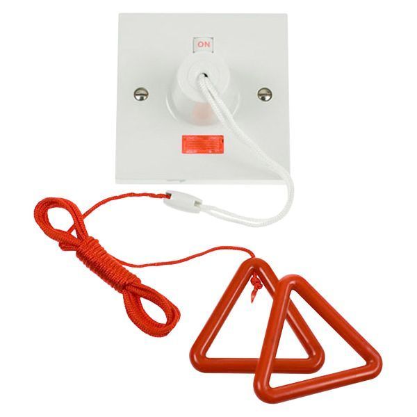 Click PRW211RD Mode Part M Polar White 50A Neon Mechanical On-Off 2 Pole Pull Cord Switch - Red Cord and Bangles
