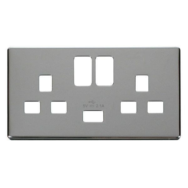 Click SCP470CH Polished Chrome Definity Screwless 2 Gang 13A 1x USB-A Switched UK Socket Cover Plate