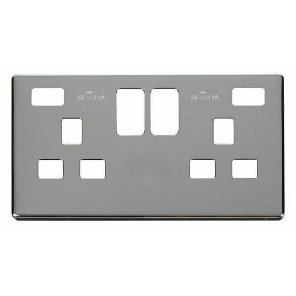 Click SCP480CH Polished Chrome Definity Screwless 2 Gang 13A 2x USB-A Switched UK Socket Cover Plate