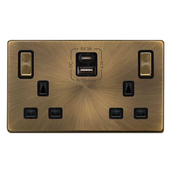 Click SFAB586BK Definity Complete Antique Brass Screwless 2 Gang 13A 1x USB-A 1x USB-C 4.2A Switched Socket