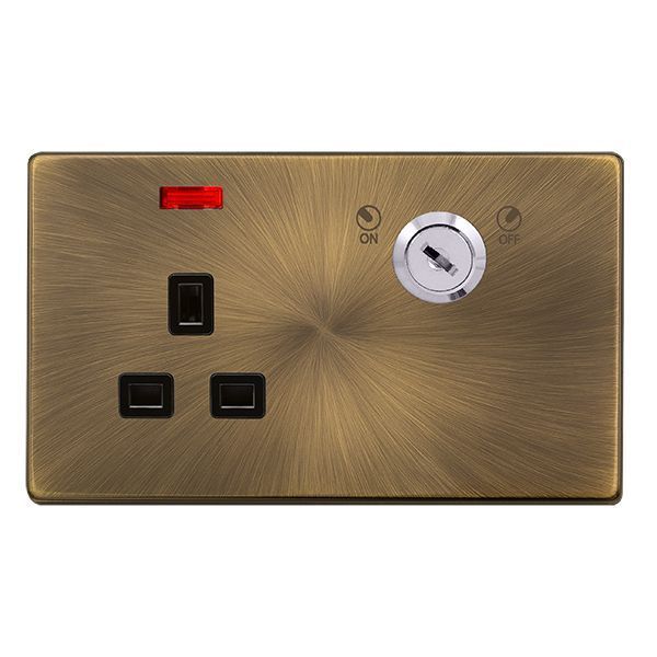 Click SFAB655BK Definity Complete Antique Brass Screwless 1 Gang 13A 2 Pole Neon Lockable Switched Socket
