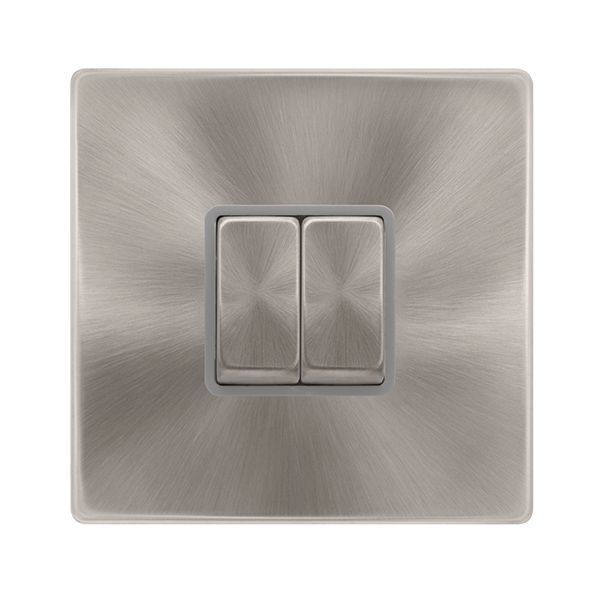 Click SFBS412GY Definity Complete Brushed Steel Screwless 2 Gang 10AX 2 Way Plate Switch - Grey Insert