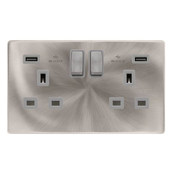 Click SFBS580GY Definity Complete Brushed Steel Screwless 2 Gang 13A 2x USB-A 2.1A Switched Socket - Grey Insert