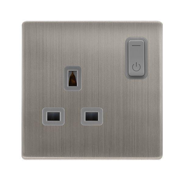 Click SFSS30035GY Definity Complete Stainless Steel Screwless 1 Gang 13A Zigbee Smart Switched Socket - Grey Insert