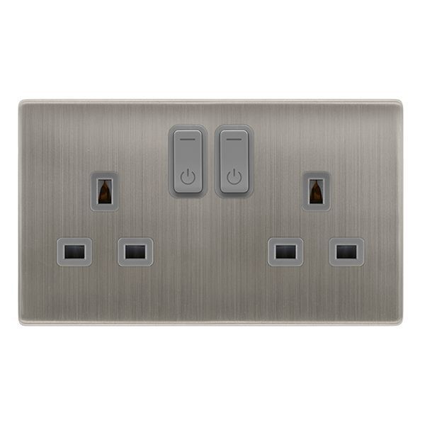 Click SFSS30036GY Definity Complete Stainless Steel Screwless 2 Gang 13A Zigbee Smart Switched Socket - Grey Insert