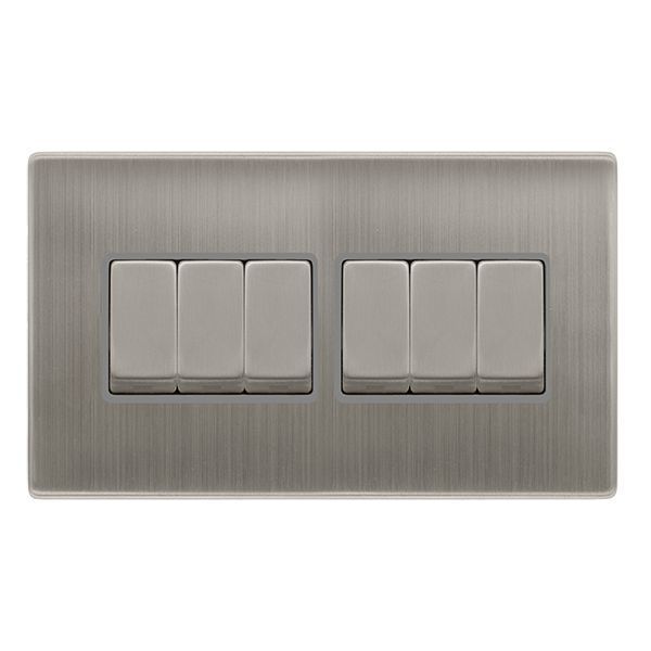 Click SFSS416GY Definity Complete Stainless Steel Screwless 6 Gang 10AX 2 Way Plate Switch - Grey Insert