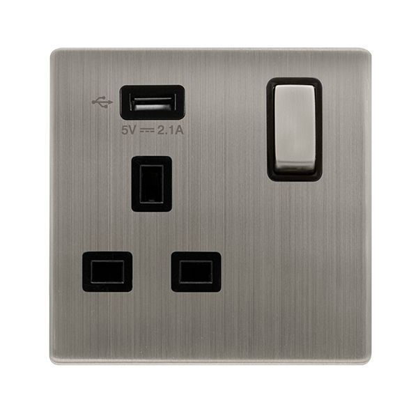 Click SFSS571UBK Definity Complete Stainless Steel Screwless 1 Gang 13A 1x USB-A 2.1A Switched Socket - Black Insert